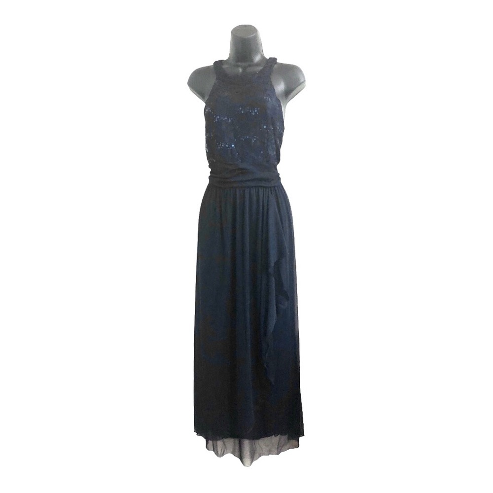 Dark blue sequin halter sheer chiffon faux wrap maxi evening dress‎ gown size 10